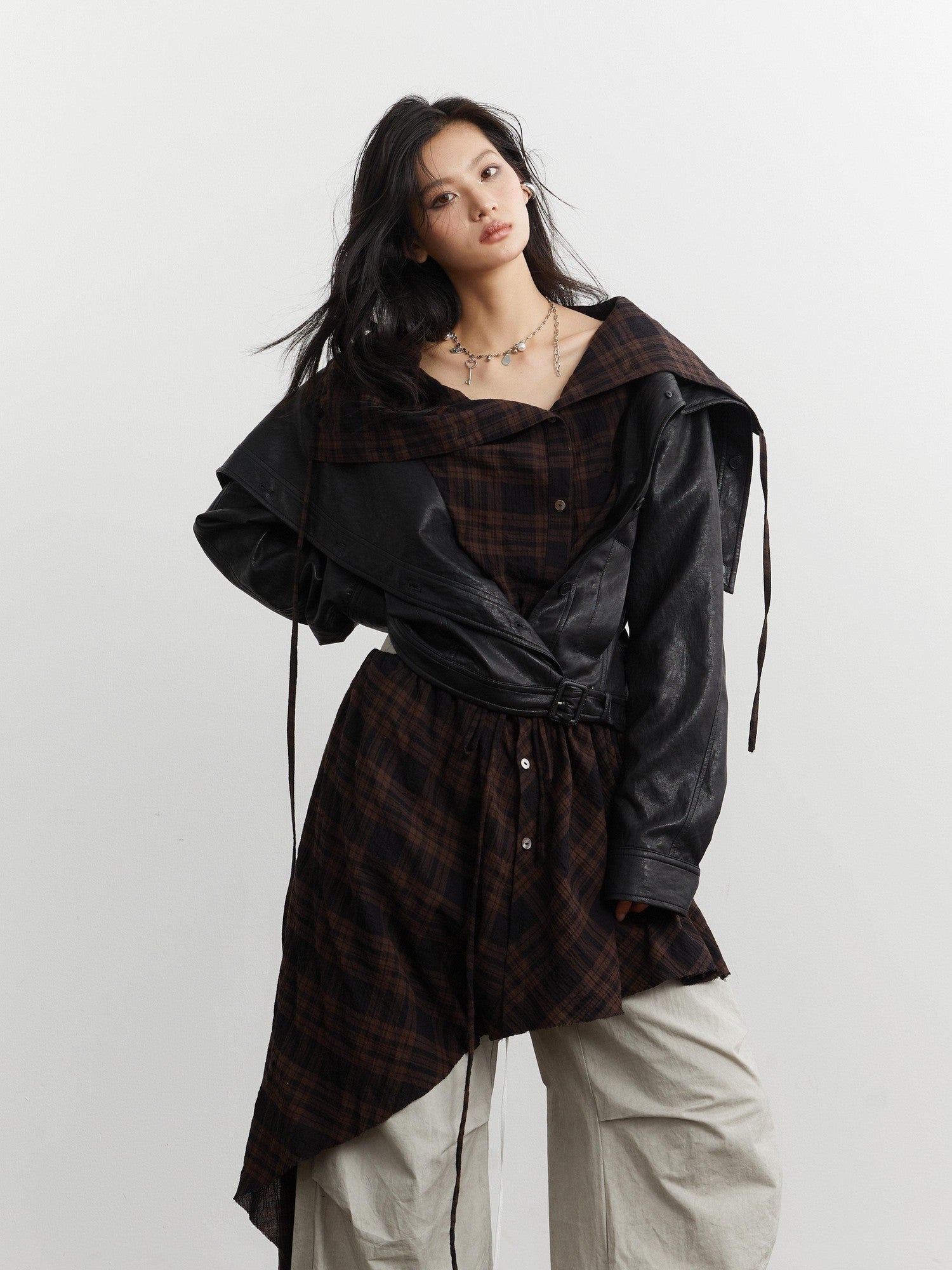 Jnylon studios Grid Apron Splice Two Piece Women's Pu Short Waist Buttoned Leather Jackets
