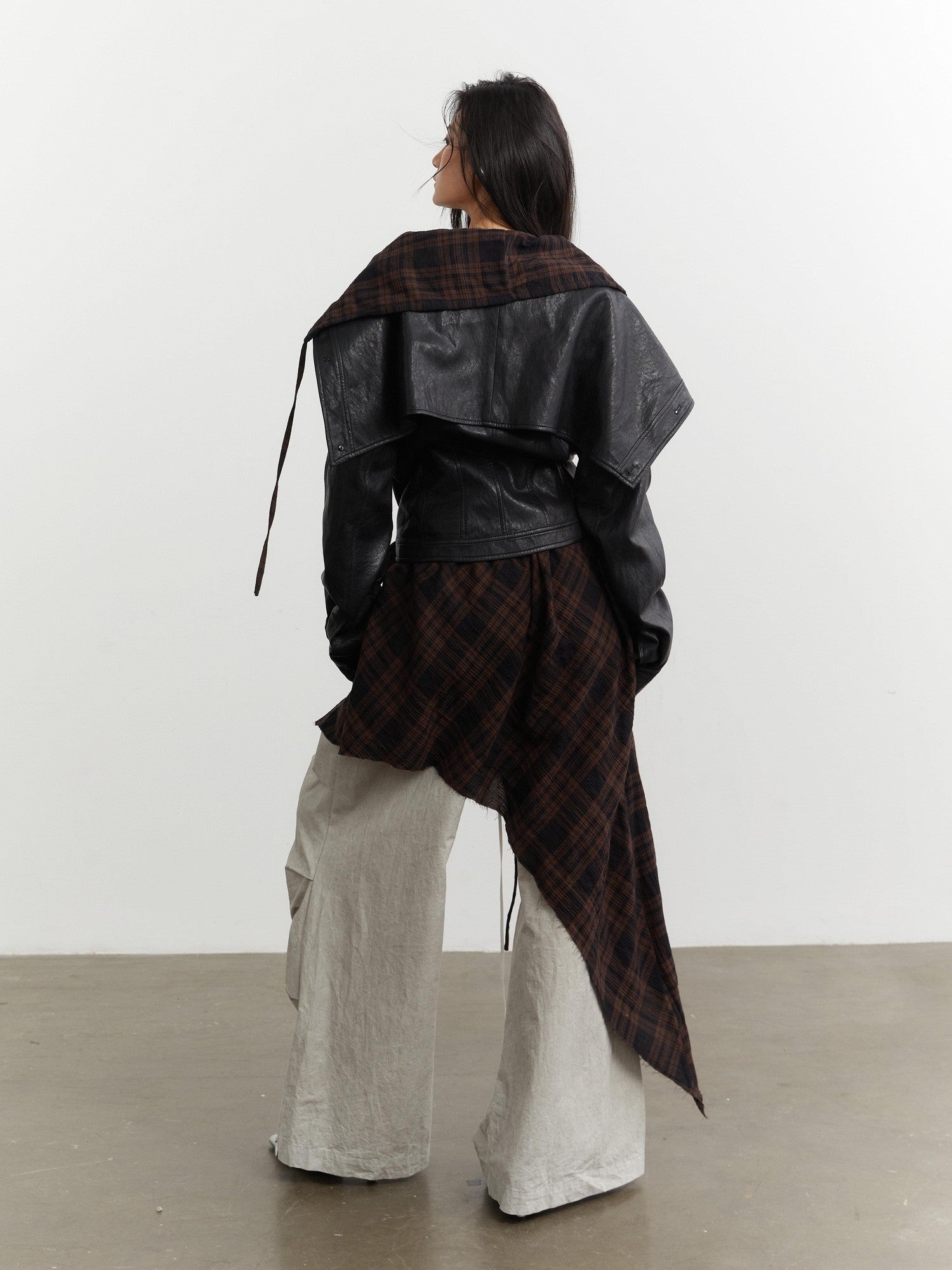 Jnylon studios Grid Apron Splice Two Piece Women's Pu Short Waist Buttoned Leather Jackets