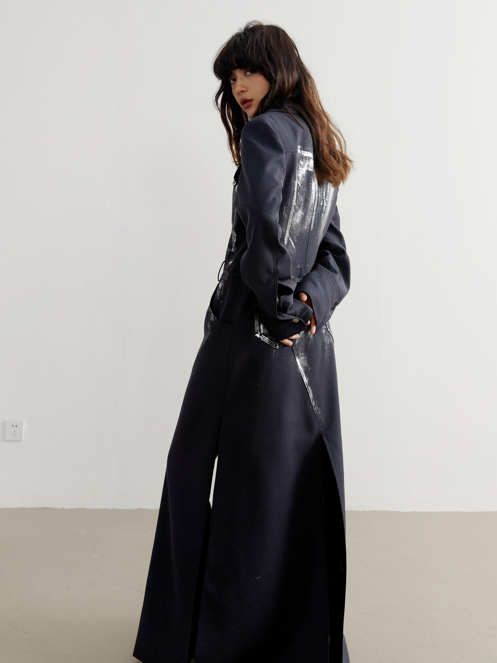 Jnylon studios Handmade Silver Brushed Extra Long Rock Artist Women's Polyester Blazers