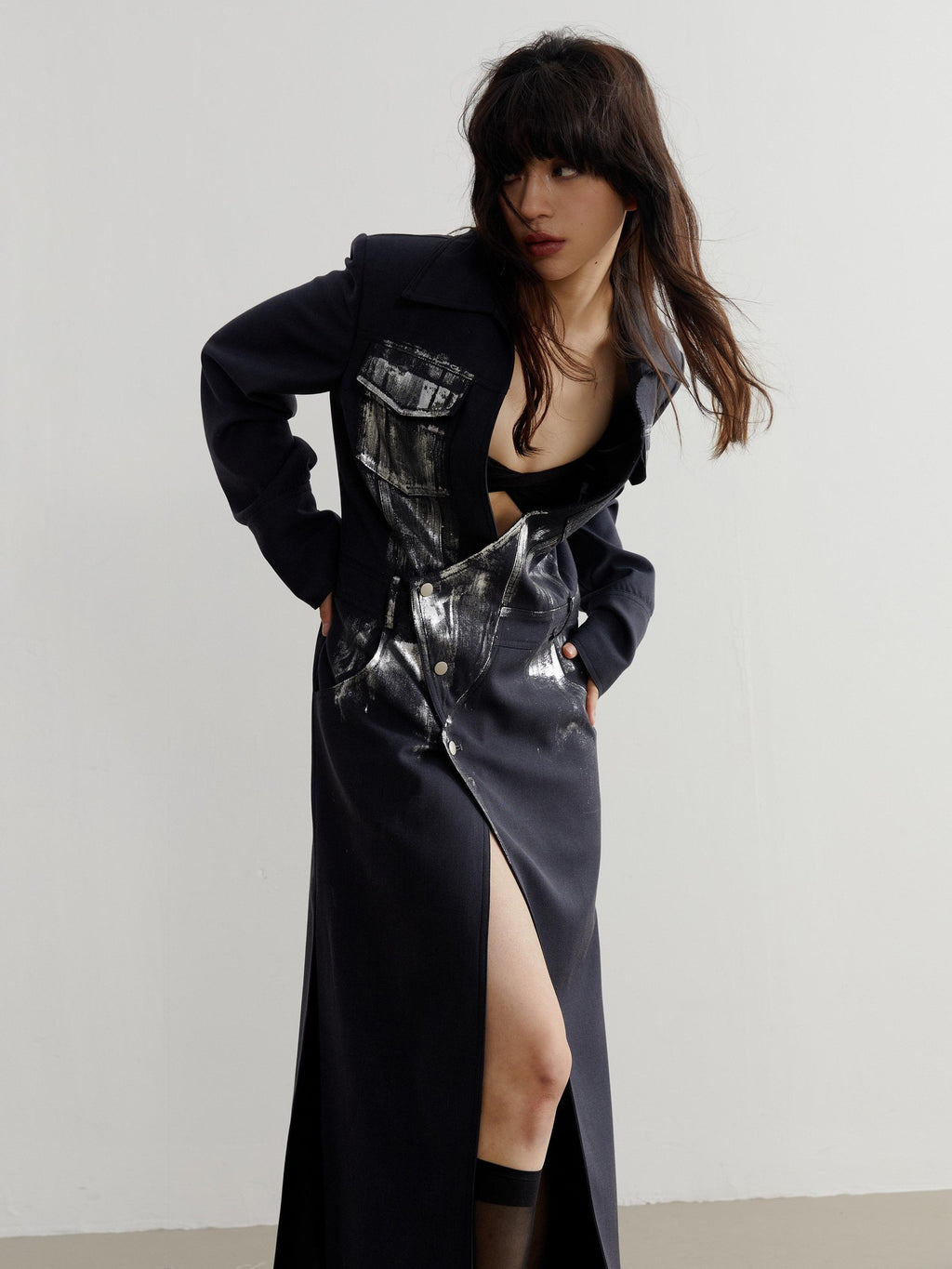 Jnylon studios Handmade Silver Brushed Extra Long Rock Artist Women's Polyester Blazers