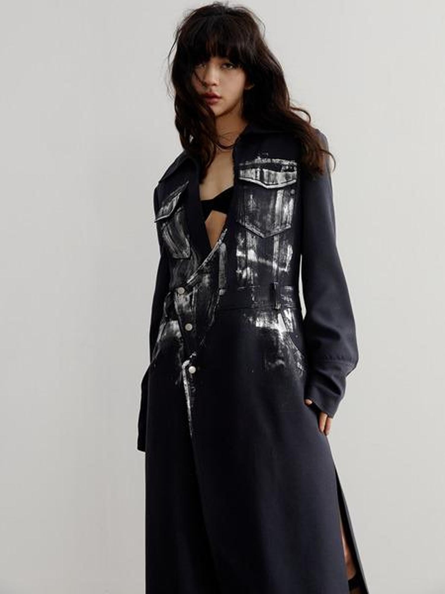 Jnylon studios Handmade Silver Brushed Extra Long Rock Artist Women's Polyester Blazers