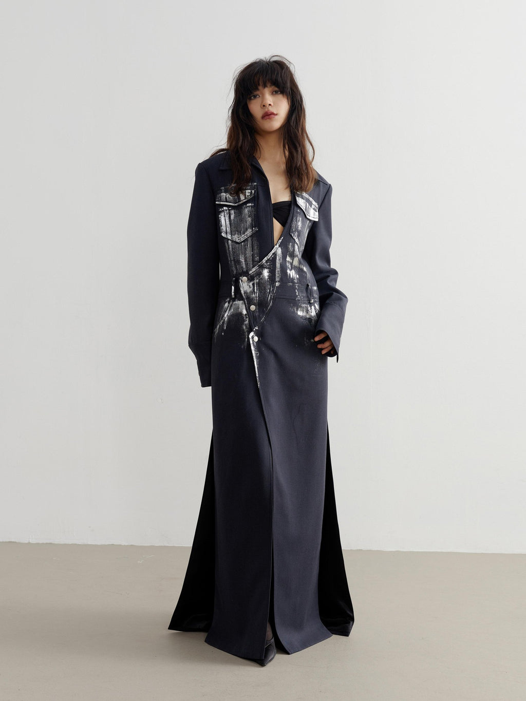 Jnylon studios Handmade Silver Brushed Extra Long Rock Artist Women's Polyester Blazers