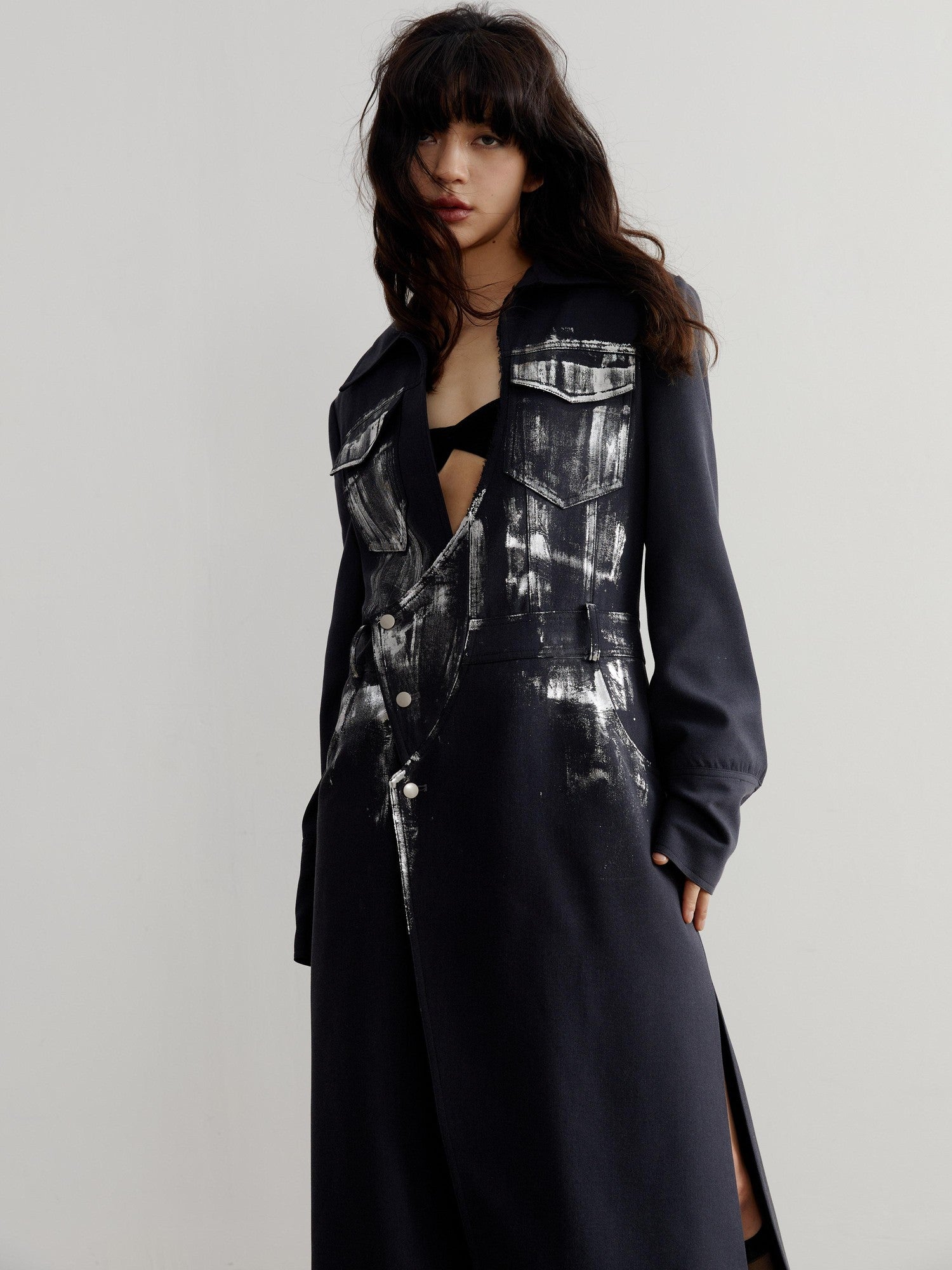 Jnylon studios Handmade Silver Brushed Extra Long Rock Artist Women's Polyester Blazers
