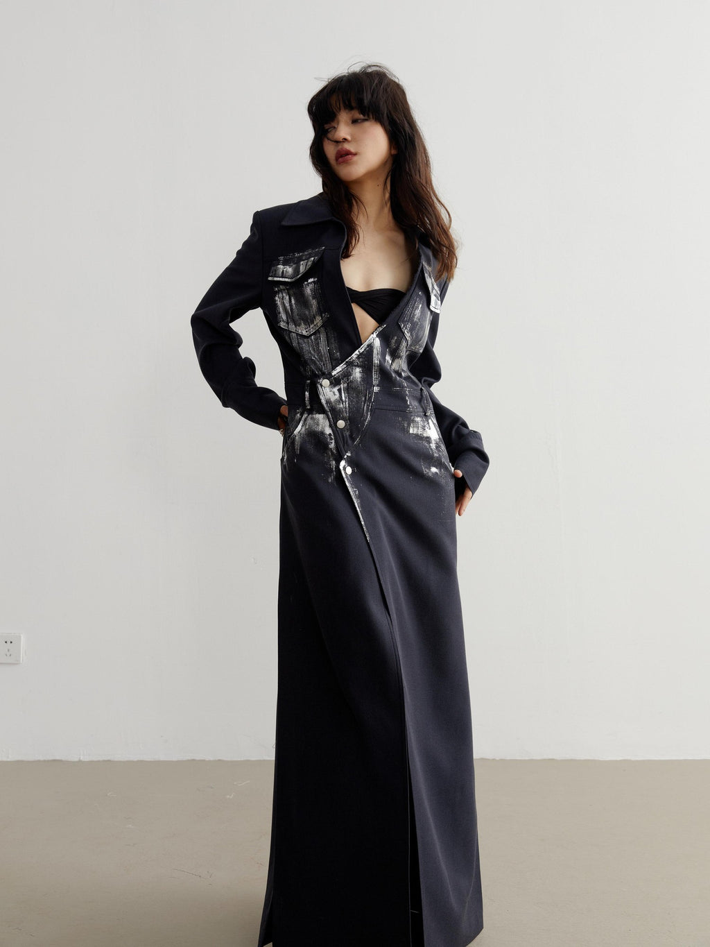 Jnylon studios Handmade Silver Brushed Extra Long Rock Artist Women's Polyester Blazers