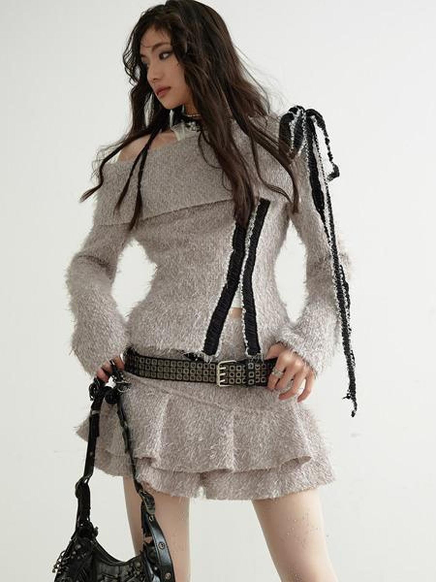 Jnylon studios Light Gray Fuzzy Off Shoulder Pleated Women's Polyester Matching Skirt Sets