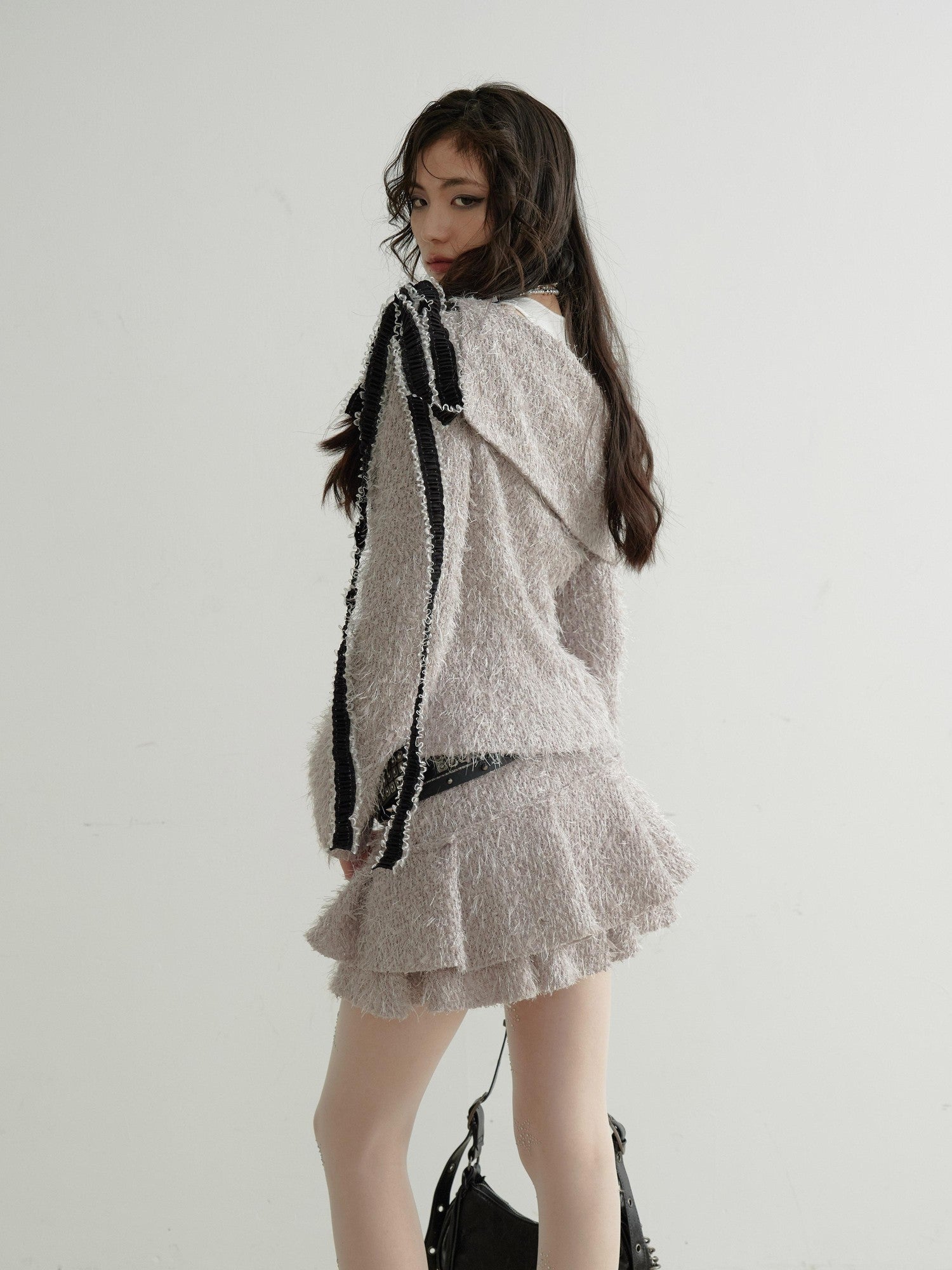 Jnylon studios Light Gray Fuzzy Off Shoulder Pleated Women's Polyester Matching Skirt Sets