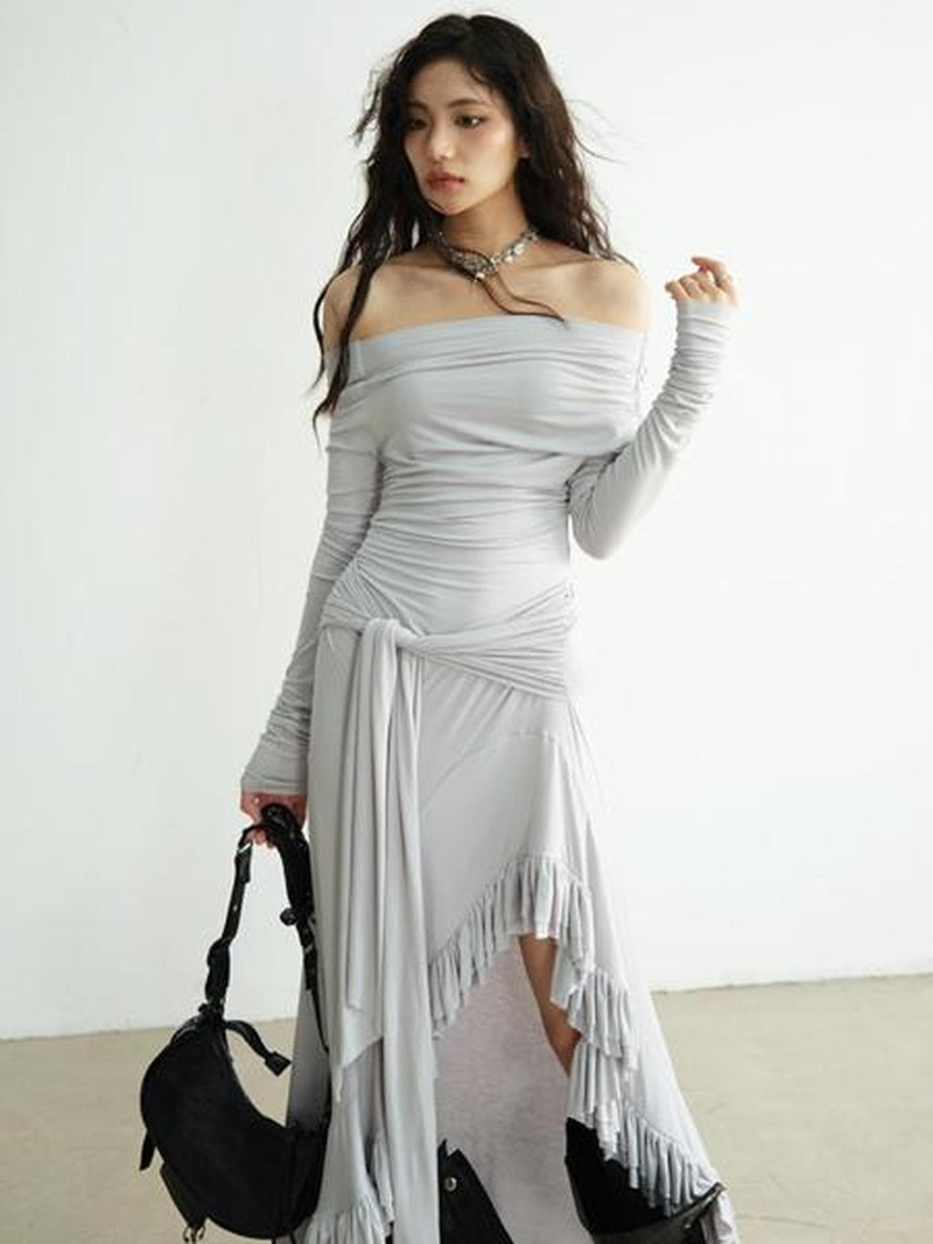 Jnylon studios Light Gray Off Shoulder Lace Irregular Hem Women's Recycled Casual Maxi Dresses