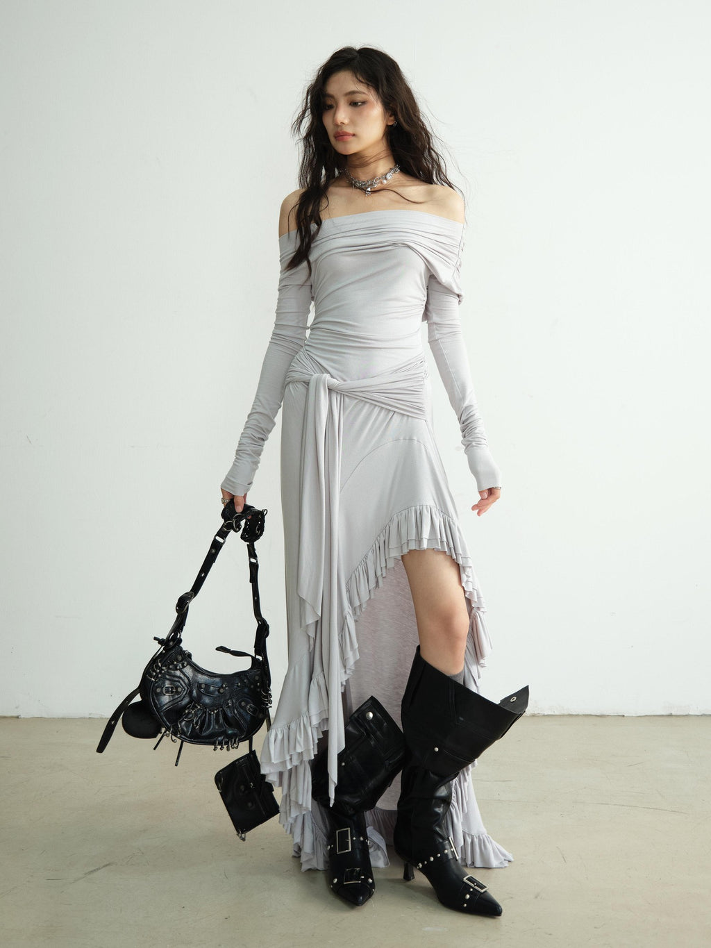 Jnylon studios Light Gray Off Shoulder Lace Irregular Hem Women's Recycled Casual Maxi Dresses