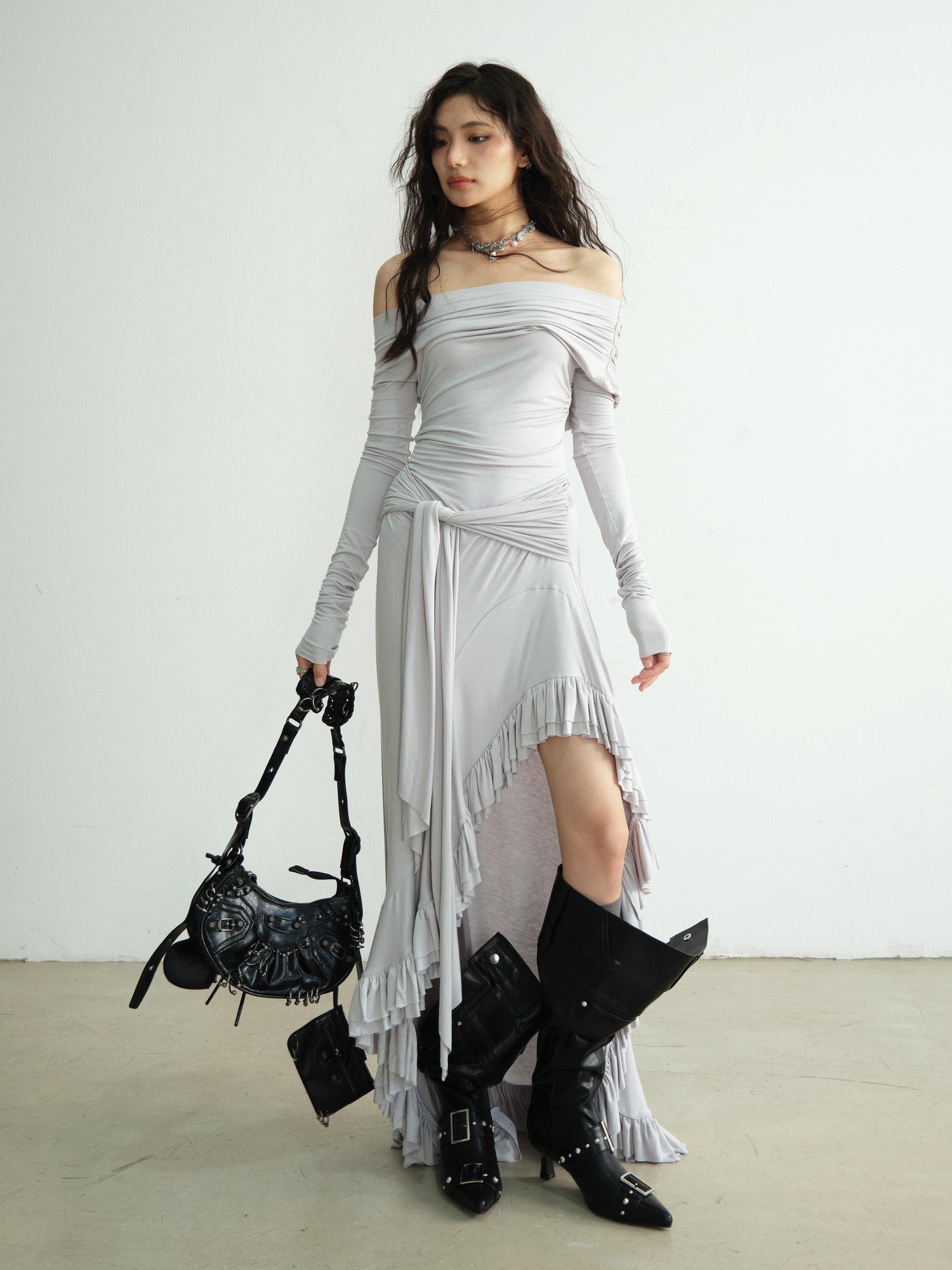 Jnylon studios Light Gray Off Shoulder Lace Irregular Hem Women's Recycled Casual Maxi Dresses