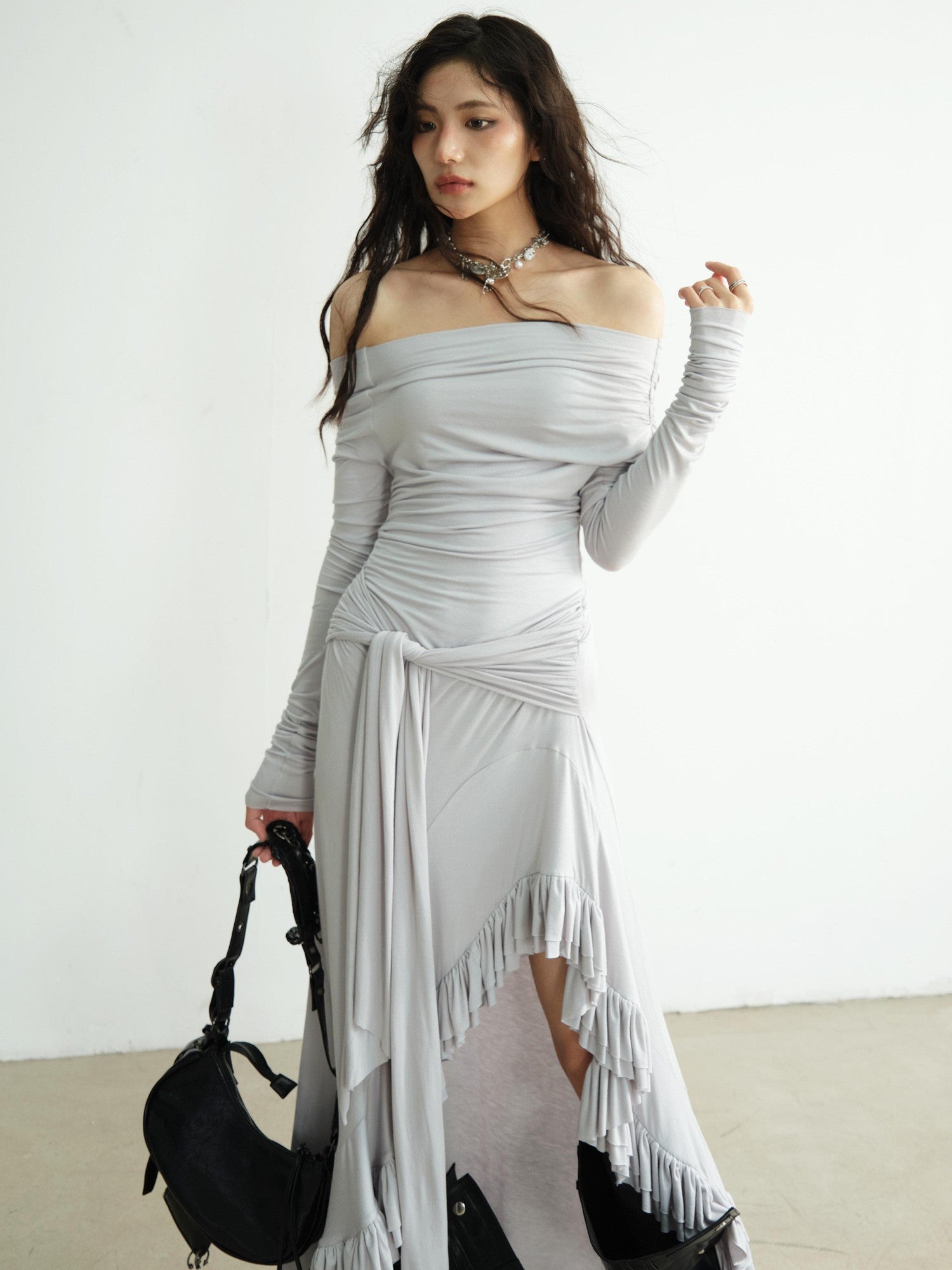 Jnylon studios Light Gray Off Shoulder Lace Irregular Hem Women's Recycled Casual Maxi Dresses