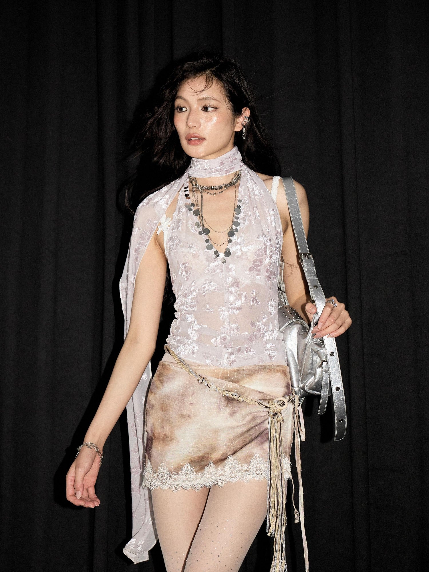 Jnylon studios Light Purple Sequin Asymmetric Velvet Jacquard Scarf Women's Polyester Tank Tops