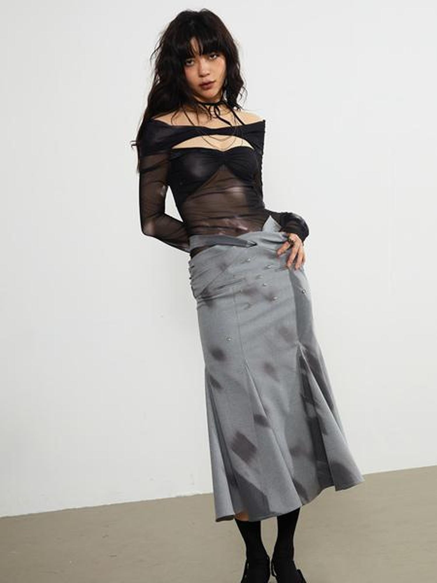 Jnylon studios Light Shadow Fade Print Vintage Punk Cutout Women's Midi Skirts