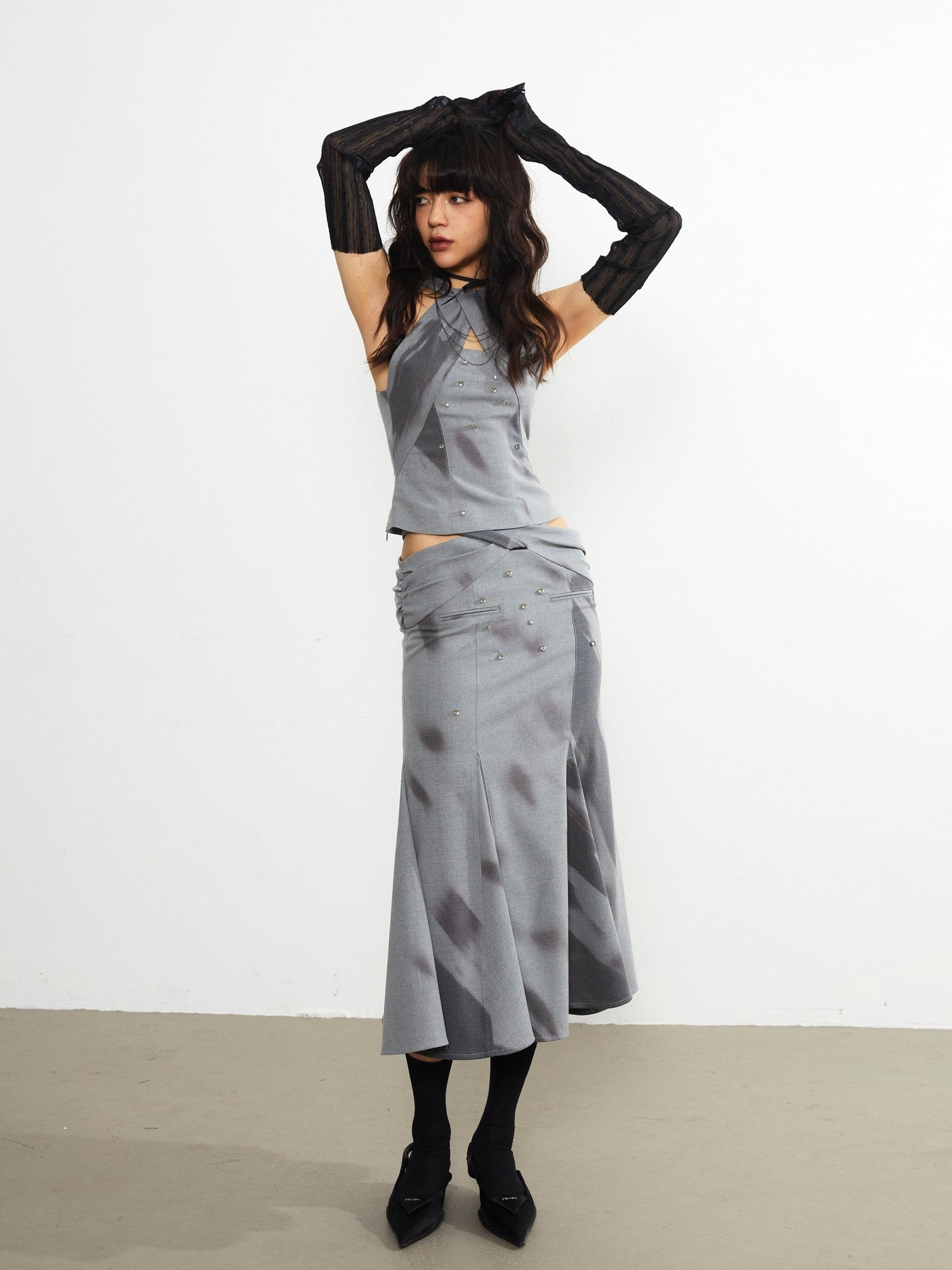 Jnylon studios Light Shadow Fade Print Vintage Punk Cutout Women's Midi Skirts