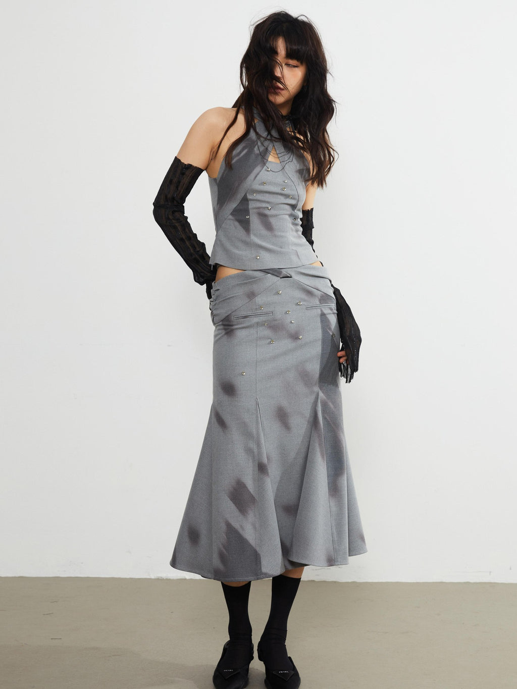 Jnylon studios Light Shadow Fade Print Vintage Punk Cutout Women's Midi Skirts