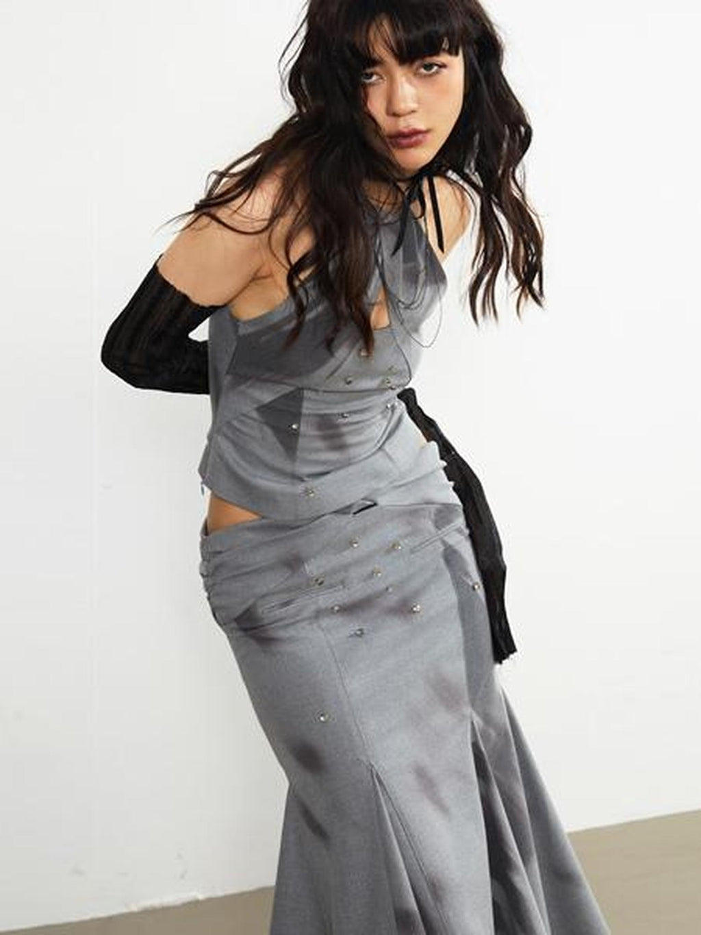 Jnylon studios Light Shadow Fade Print Vintage Punk Cutout Women's Midi Skirts