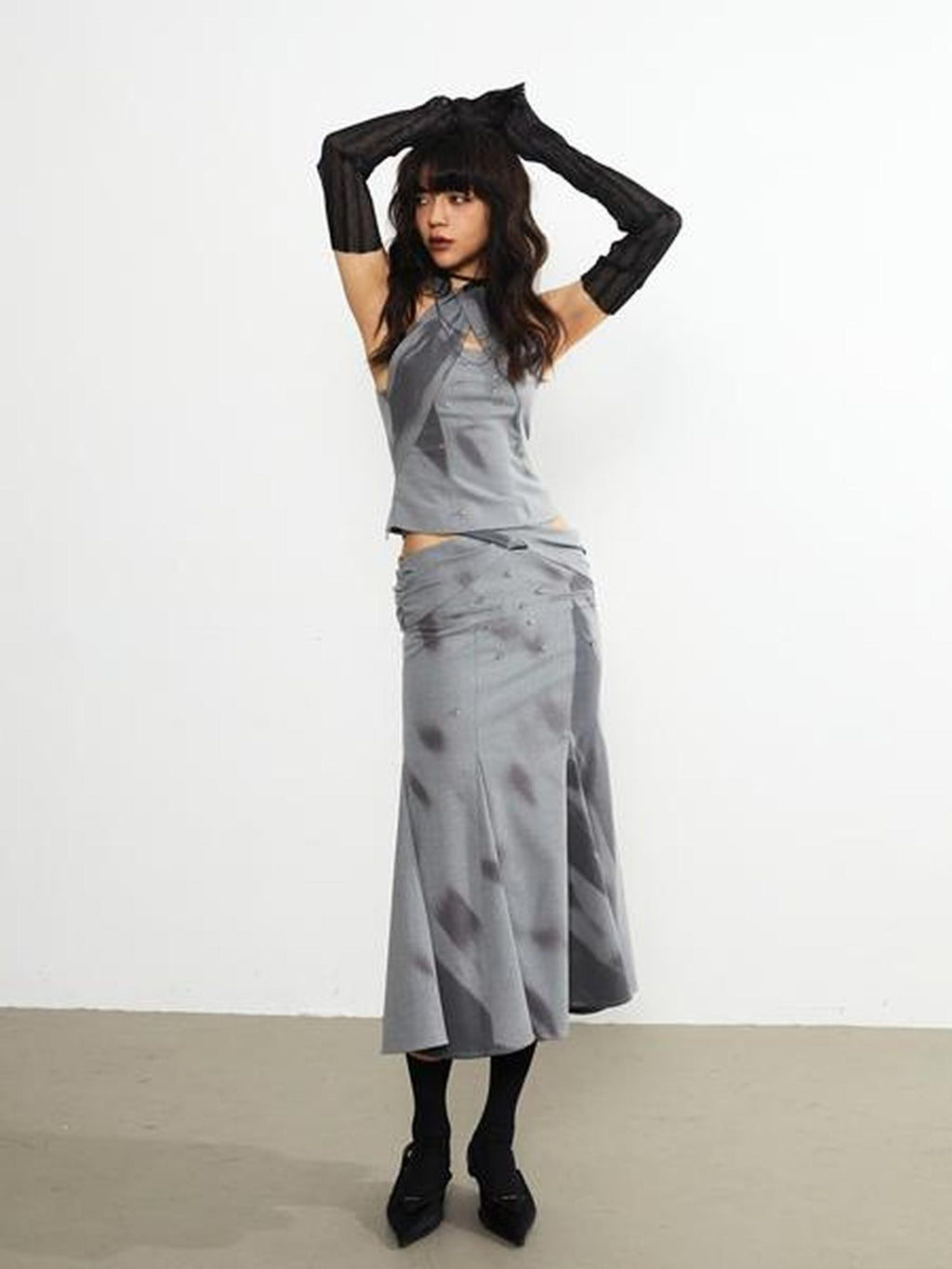 Jnylon studios Light Shadow Fade Print Vintage Punk Cutout Women's Midi Skirts