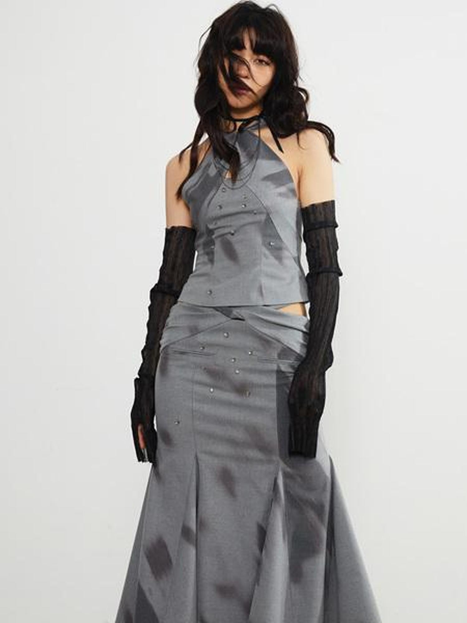 Jnylon studios Light Shadow Fade Print Vintage Punk Cutout Women's Midi Skirts