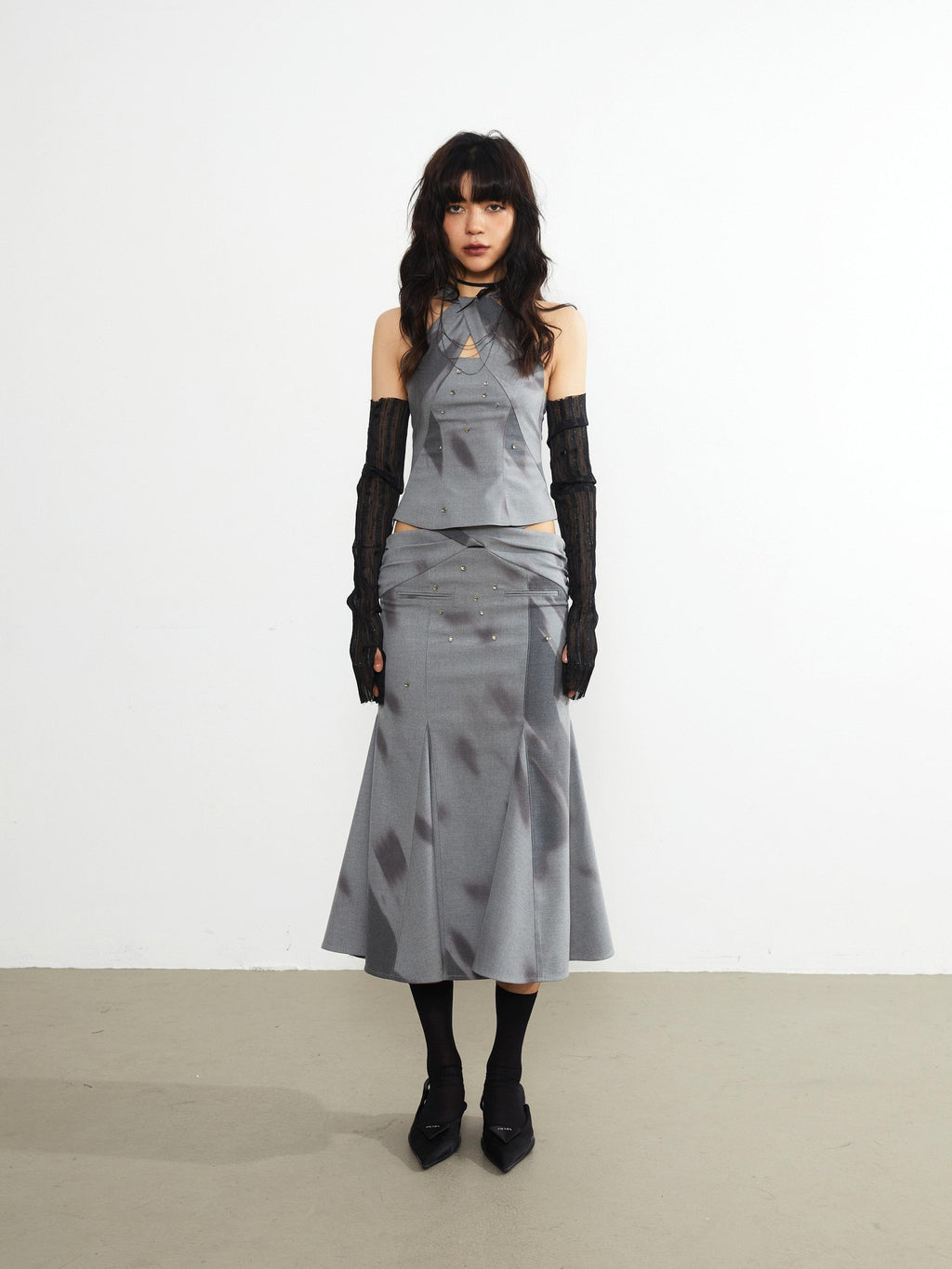 Jnylon studios Light Shadow Fade Print Vintage Punk Cutout Women's Midi Skirts