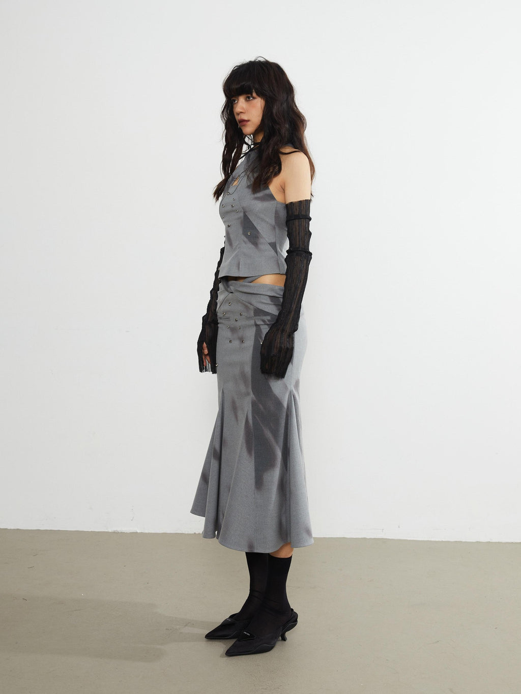 Jnylon studios Light Shadow Fade Print Vintage Punk Cutout Women's Midi Skirts