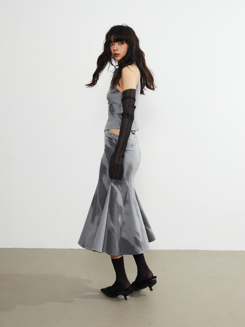 Jnylon studios Light Shadow Fade Print Vintage Punk Cutout Women's Midi Skirts