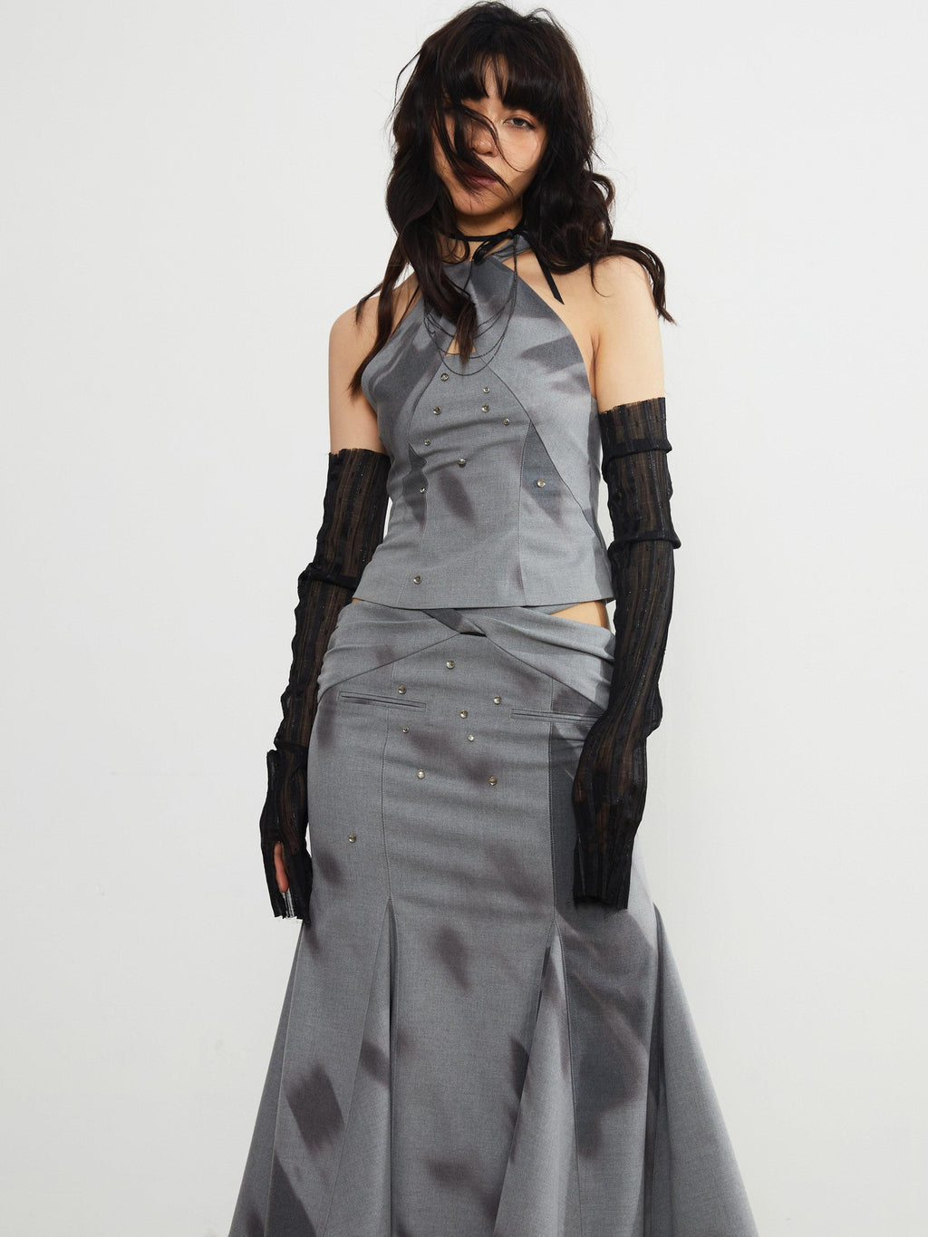 Jnylon studios Light Shadow Fade Print Vintage Punk Cutout Women's Midi Skirts