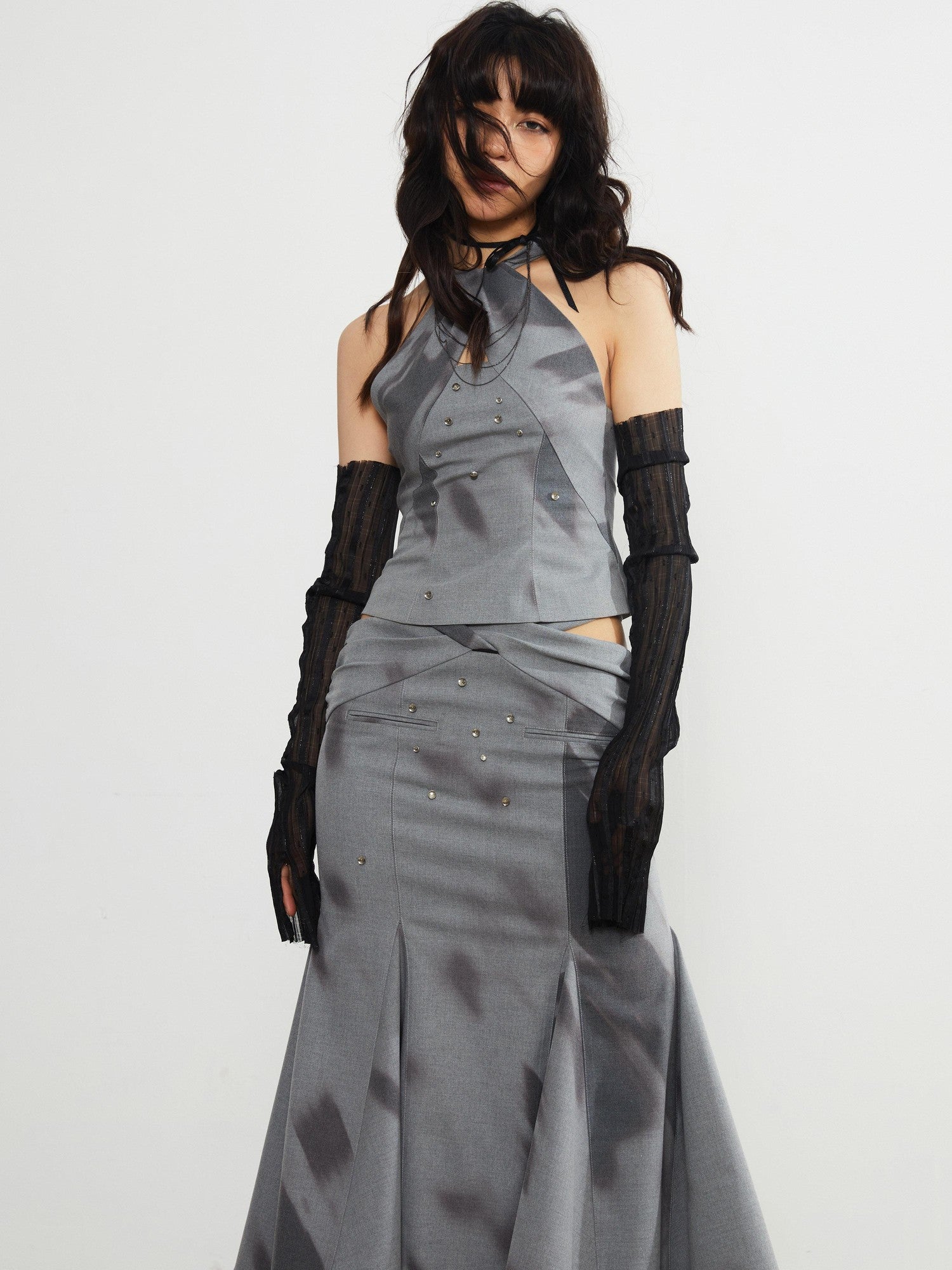 Jnylon studios Light Shadow Fade Print Vintage Punk Cutout Women's Midi Skirts