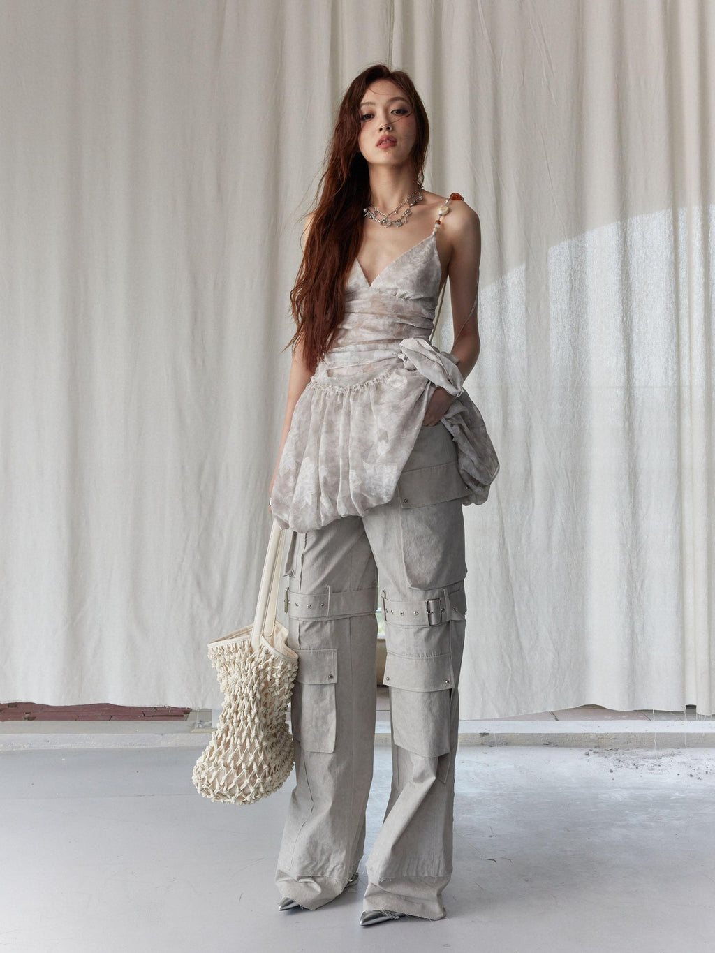 Jnylon studios Lime White Workwear Detachable Two Way Pocket Women's Heavy Cotton Cargo Pants