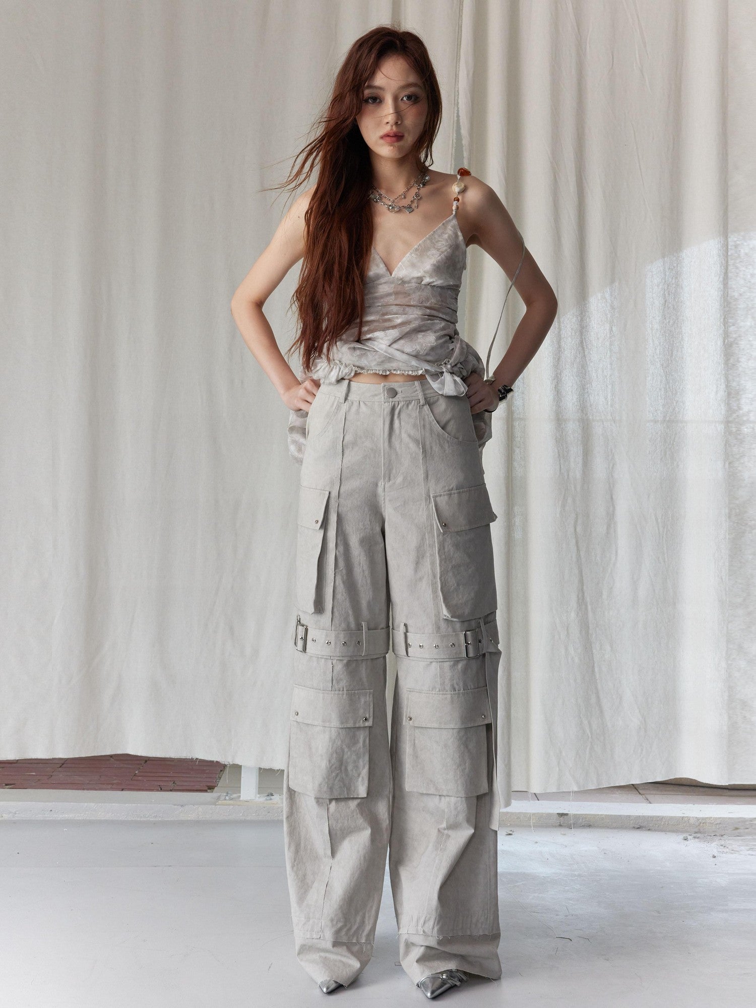 Jnylon studios Lime White Workwear Detachable Two Way Pocket Women's Heavy Cotton Cargo Pants