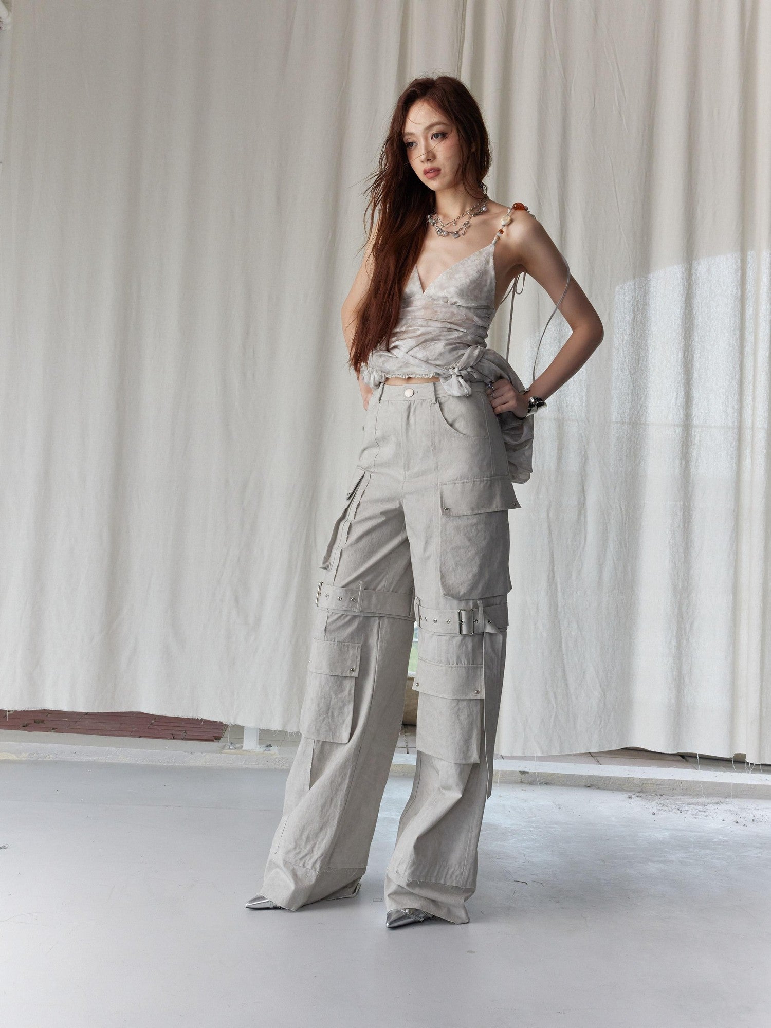 Jnylon studios Lime White Workwear Detachable Two Way Pocket Women's Heavy Cotton Cargo Pants