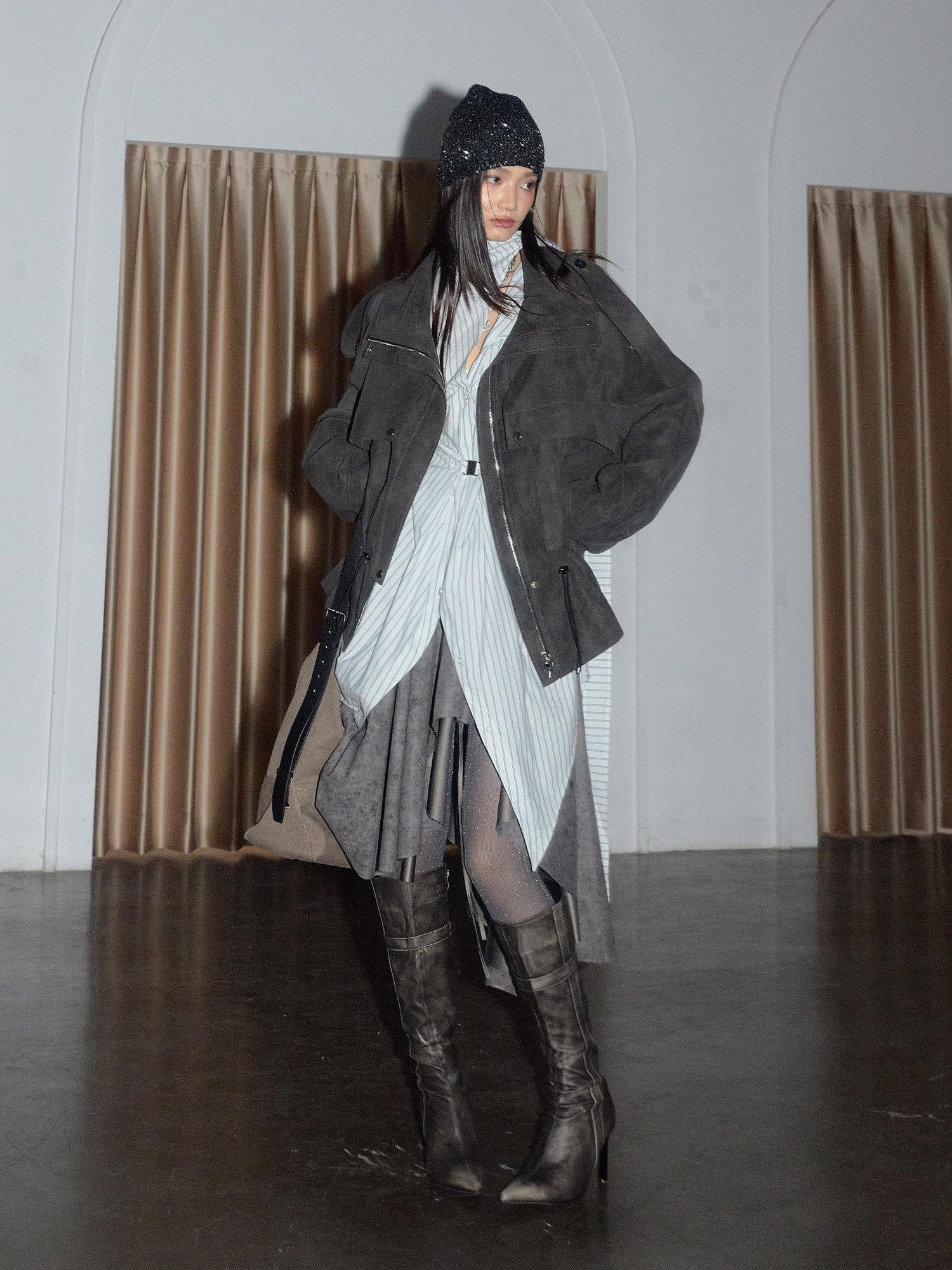 Jnylon studios Matte Distressed Cargo Drawstring Women's Lambswool Lined Pu Leather Jackets