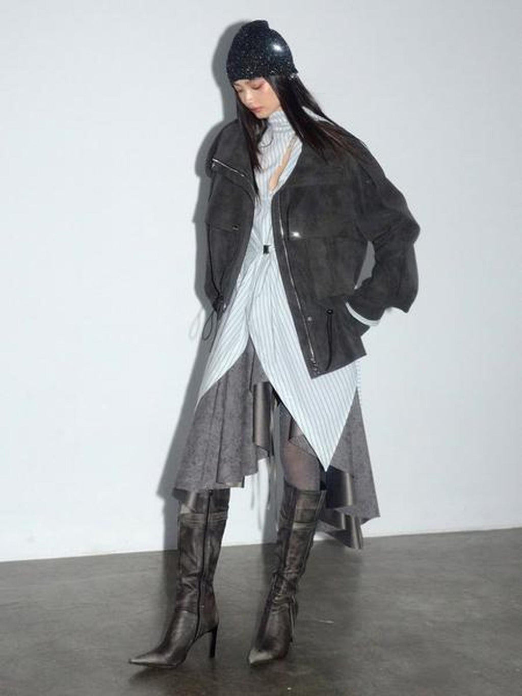 Jnylon studios Matte Distressed Cargo Drawstring Women's Lambswool Lined Pu Leather Jackets