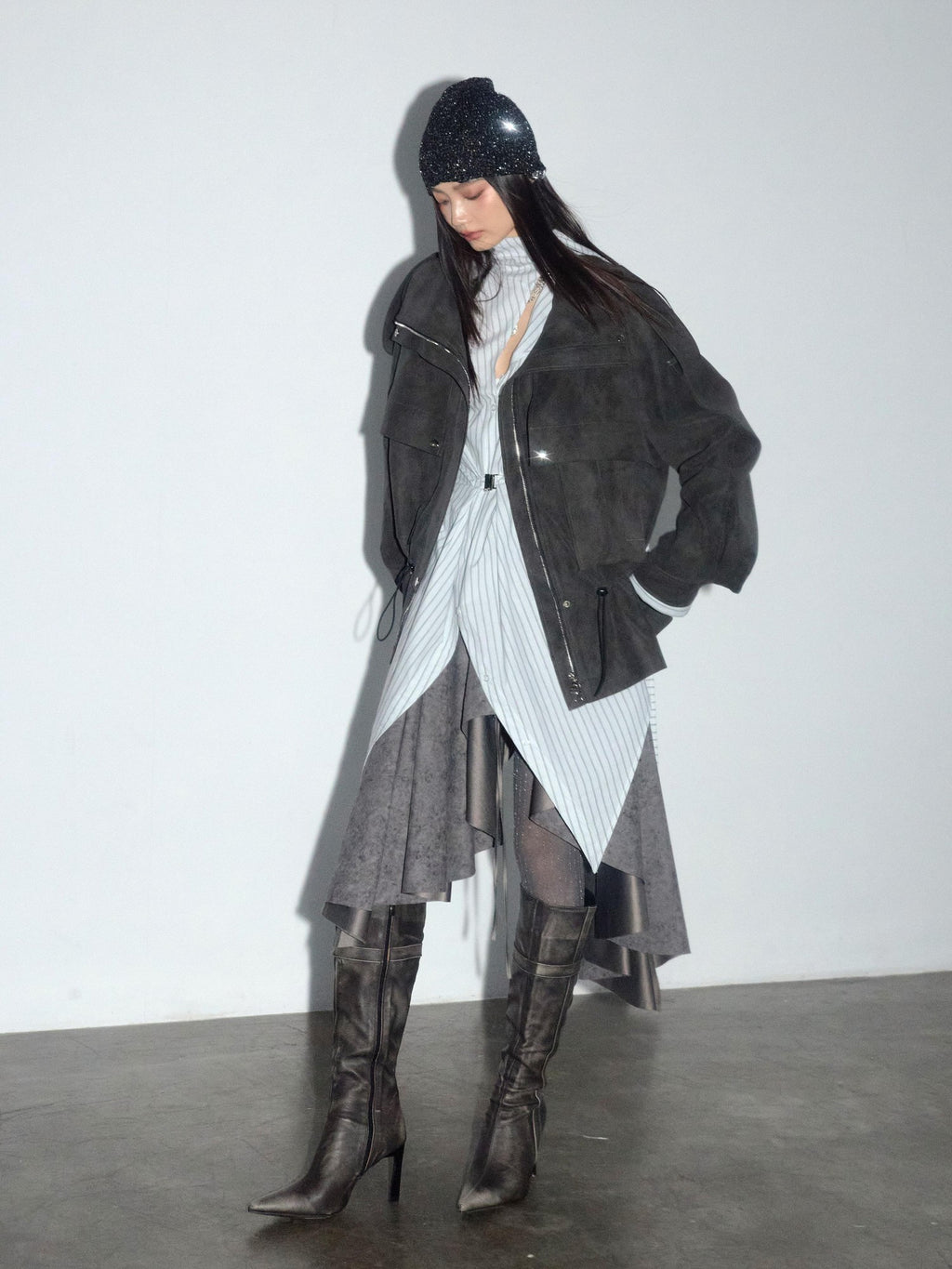 Jnylon studios Matte Distressed Cargo Drawstring Women's Lambswool Lined Pu Leather Jackets