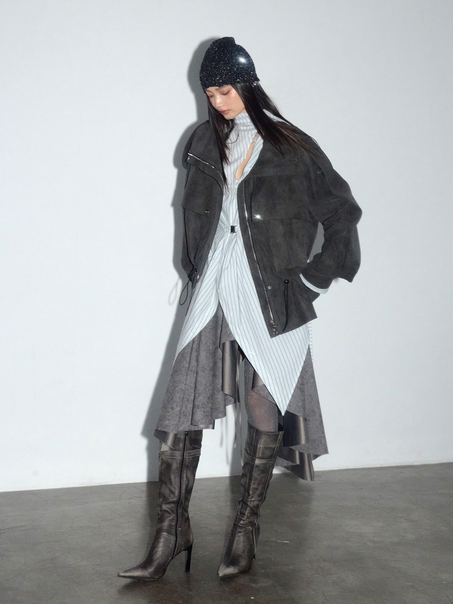 Jnylon studios Matte Distressed Cargo Drawstring Women's Lambswool Lined Pu Leather Jackets