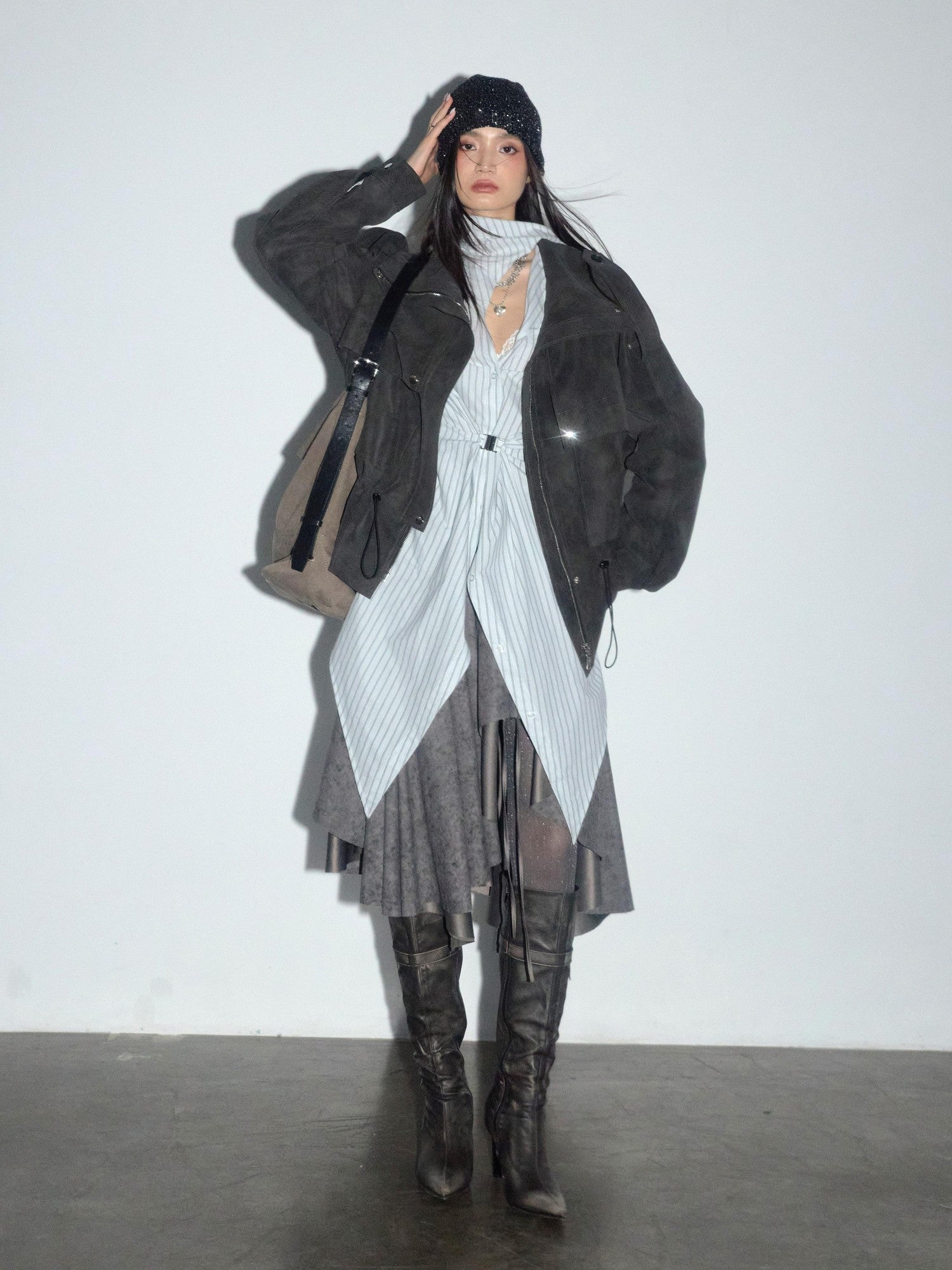 Jnylon studios Matte Distressed Cargo Drawstring Women's Lambswool Lined Pu Leather Jackets