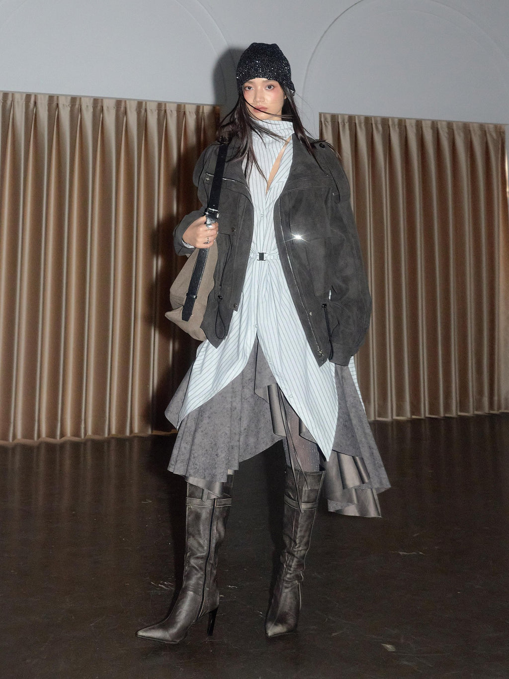 Jnylon studios Matte Distressed Cargo Drawstring Women's Lambswool Lined Pu Leather Jackets