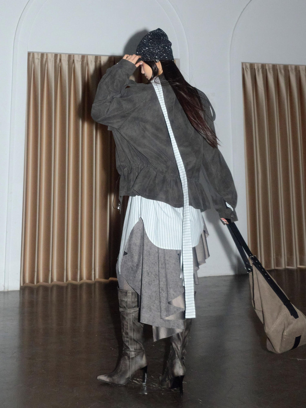 Jnylon studios Matte Distressed Cargo Drawstring Women's Lambswool Lined Pu Leather Jackets