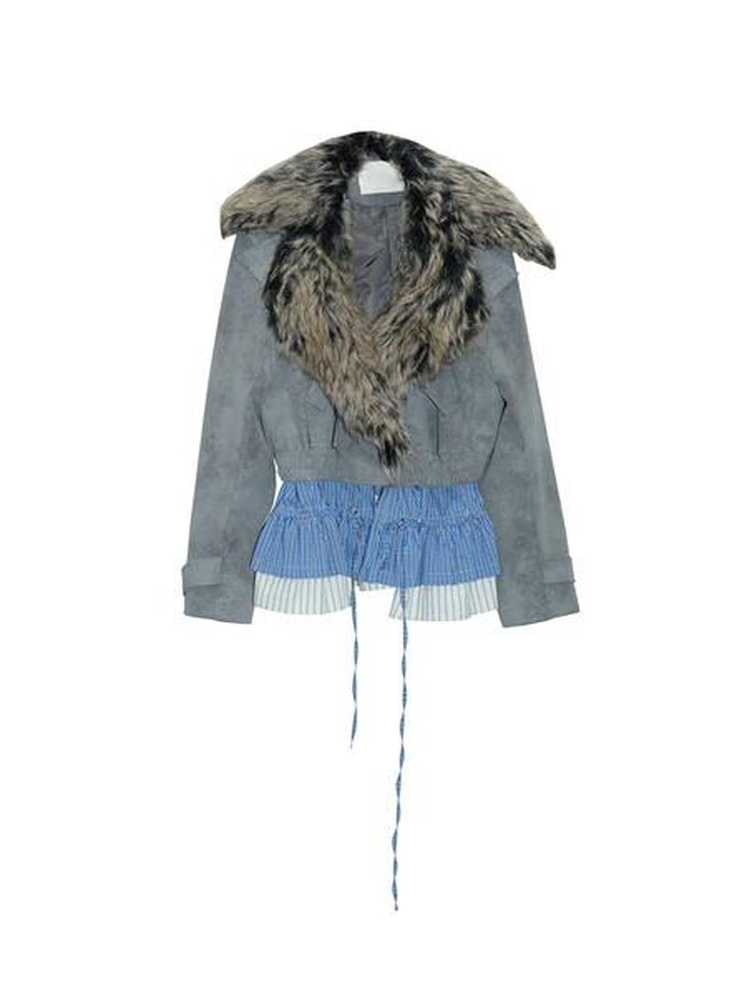 Jnylon studios Matte Gray Faux Two Piece Detachable Fur Collar Women's Pu Leather Jackets