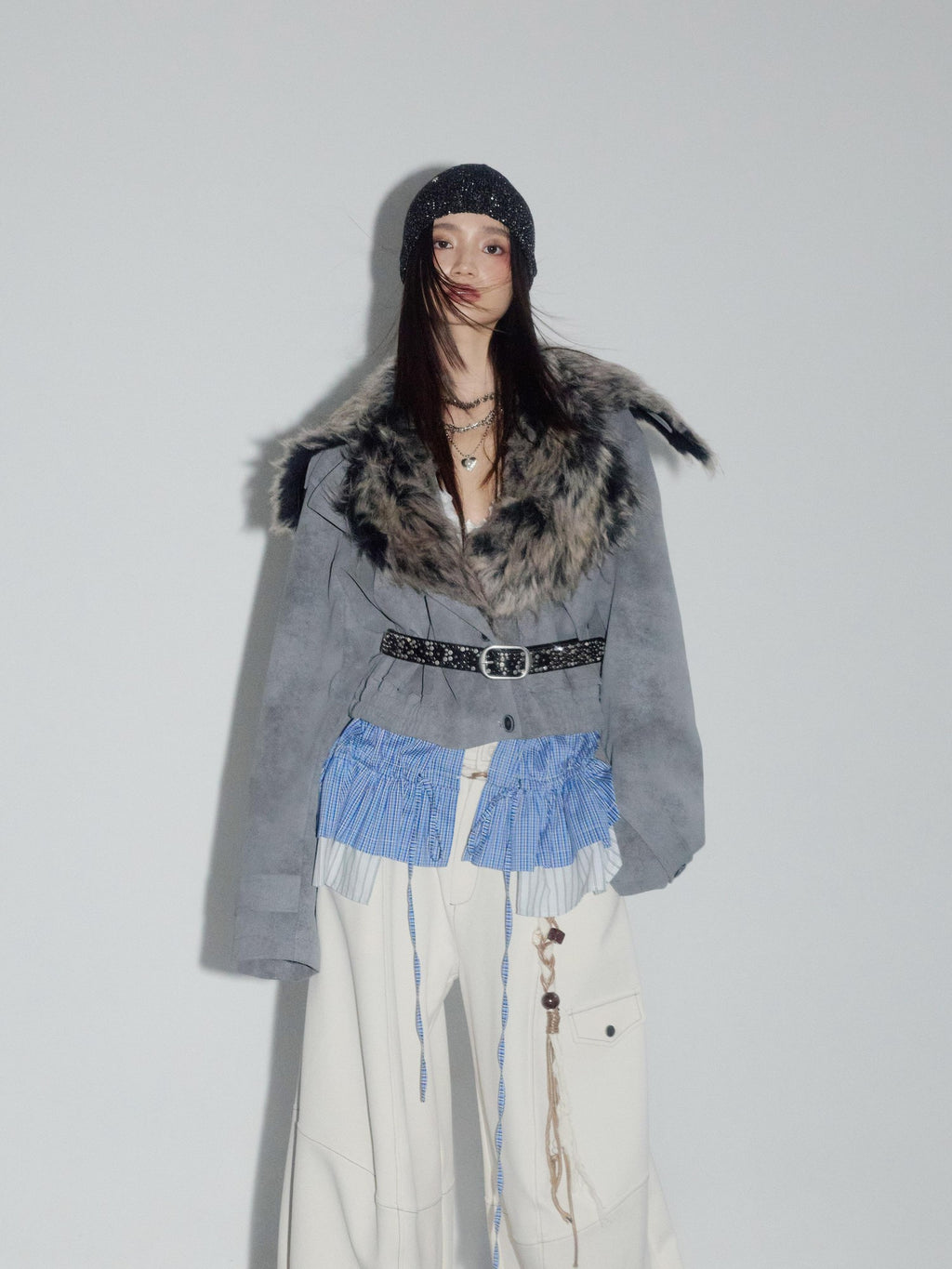 Jnylon studios Matte Gray Faux Two Piece Detachable Fur Collar Women's Pu Leather Jackets
