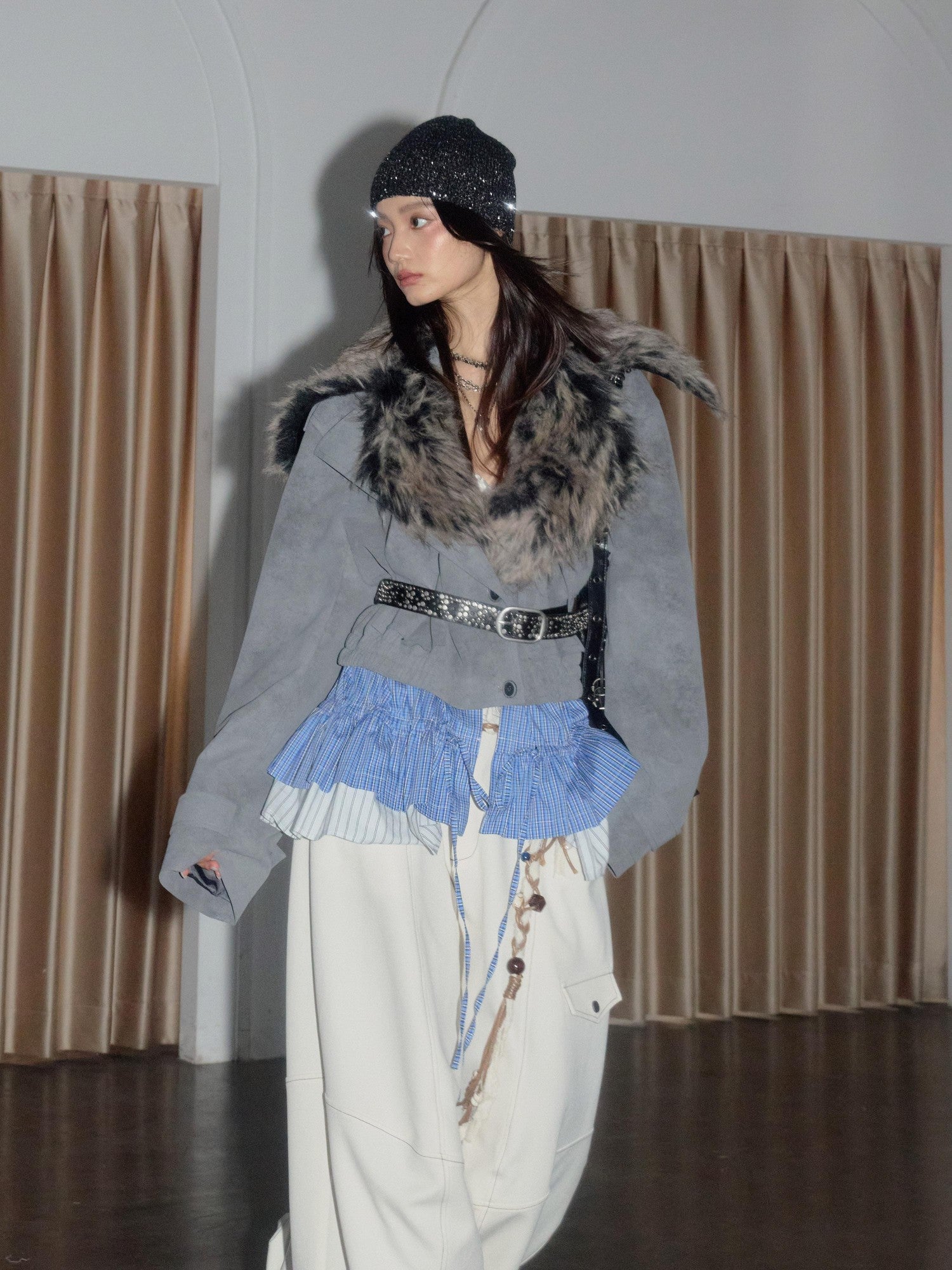 Jnylon studios Matte Gray Faux Two Piece Detachable Fur Collar Women's Pu Leather Jackets