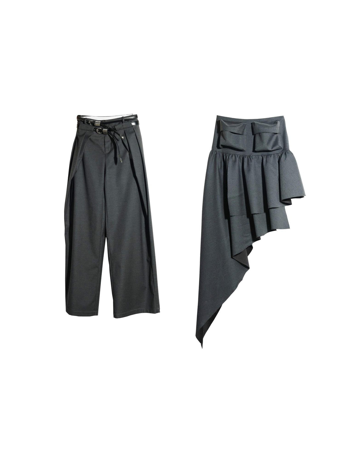 Jnylon studios Metal Belt Double Waistband Fold Pleated Wide Leg Women's Polyester Pleated Pants