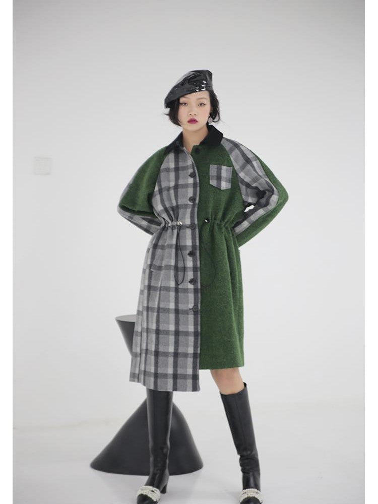Jnylon studios Moss Green Plaid Deconstructed Patchwork Detachable Cape Women's Wool Coats