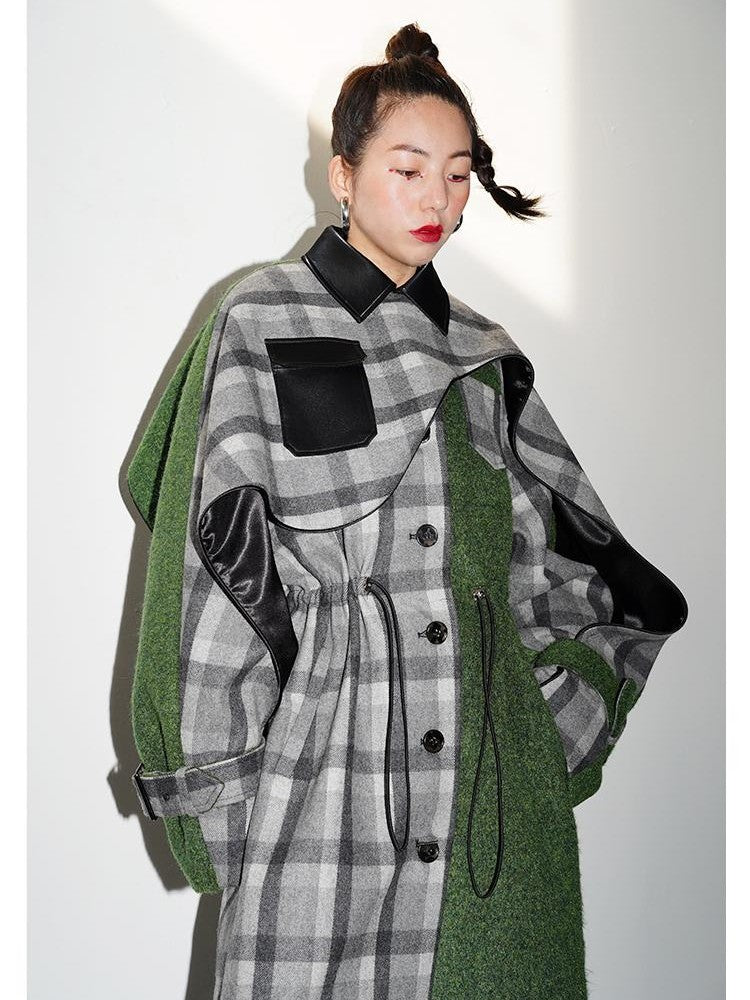Jnylon studios Moss Green Plaid Deconstructed Patchwork Detachable Cape Women's Wool Coats