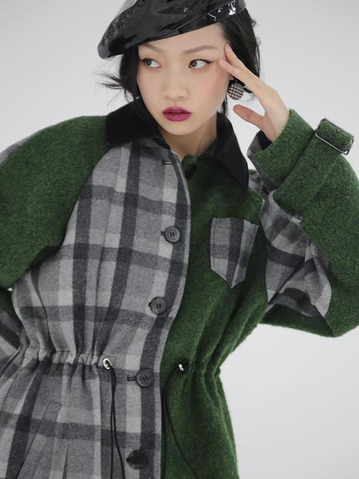 Jnylon studios Moss Green Plaid Deconstructed Patchwork Detachable Cape Women's Wool Coats