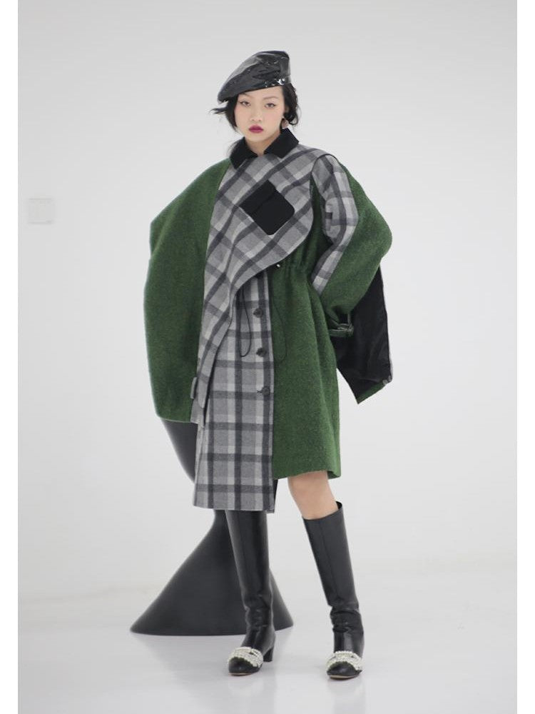 Jnylon studios Moss Green Plaid Deconstructed Patchwork Detachable Cape Women's Wool Coats