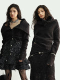 Jnylon studios Mottled Black Versatile Pile Collar Women's Stretch Tweed Cropped Jackets