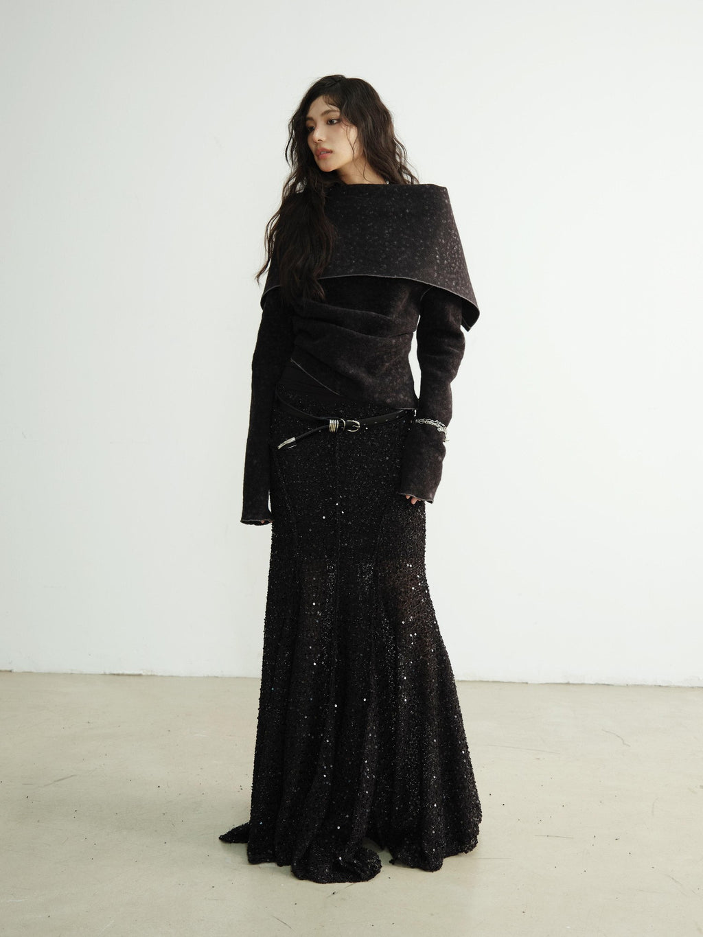Jnylon studios Mottled Black Versatile Pile Collar Women's Stretch Tweed Cropped Jackets