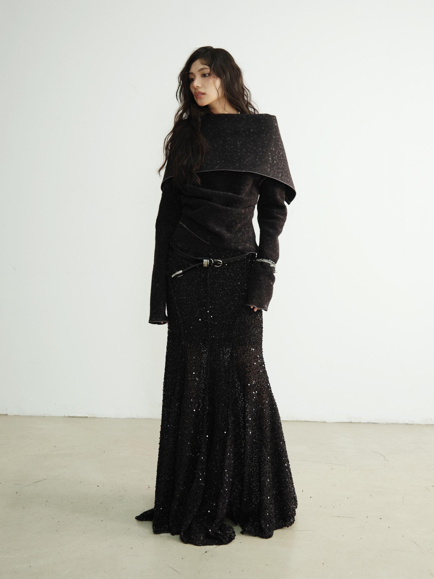 Jnylon studios Mottled Black Versatile Pile Collar Women's Stretch Tweed Cropped Jackets