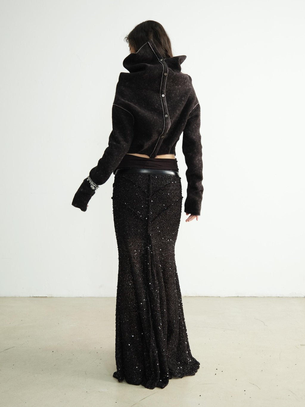 Jnylon studios Mottled Black Versatile Pile Collar Women's Stretch Tweed Cropped Jackets