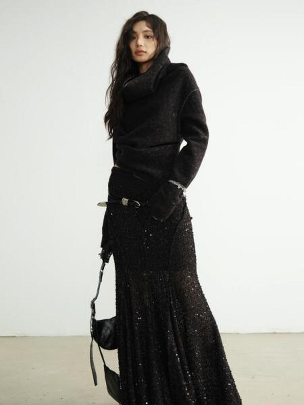 Jnylon studios Mottled Black Versatile Pile Collar Women's Stretch Tweed Cropped Jackets