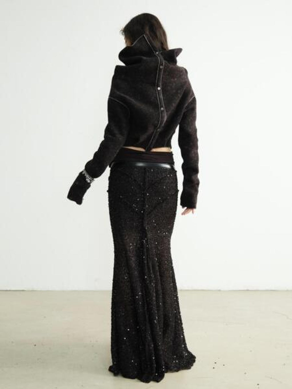 Jnylon studios Mottled Black Versatile Pile Collar Women's Stretch Tweed Cropped Jackets